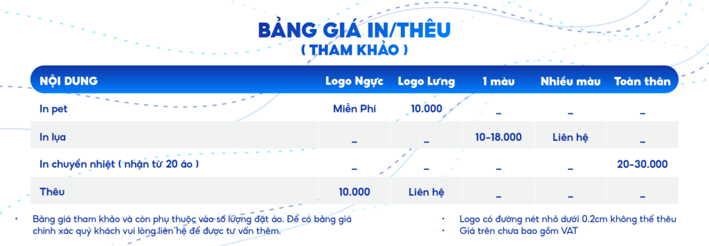 Bảng giá in thêu đồng phục doanh nghiệp 