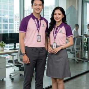 Áo Polo Đồng Phục Phối Tay Raglan, Nẹp Trụ Cúc Đổi Màu Hồng - Tím