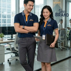Áo Polo Đồng Phục Nẹp Trụ Cúc Đổi Màu Cam, Bo Cổ Sọc Caro