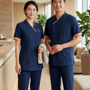 Đồng phục spa cổ tim phối viền cổ