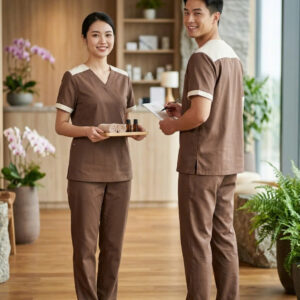 Đồng phục spa cổ tim phối cầu vai