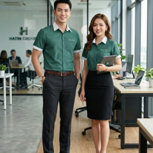 Đồng Phục Sơ Mi Tay Ngắn Màu Xanh Lá Phối Cổ Màu Trắng Độc Đáo